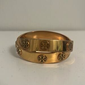 Tory Burch Metal Logo Double Hinge Wrap Bangle Bracelet Gold Tone